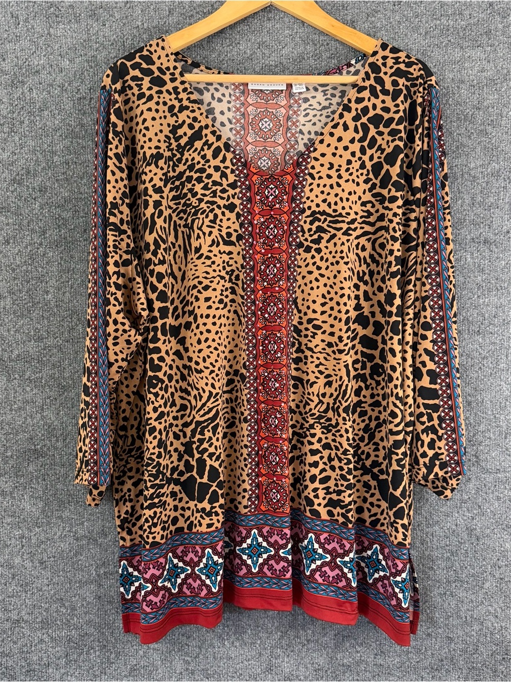 Susan Graver Womens 3X Petite Tunic Top Mixed Media Animal Print Artsy Stretch